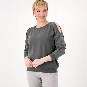 Barefoot Dreams Sunbleached Cold Shoulder Pullover Sweatshirt Carbon Gray